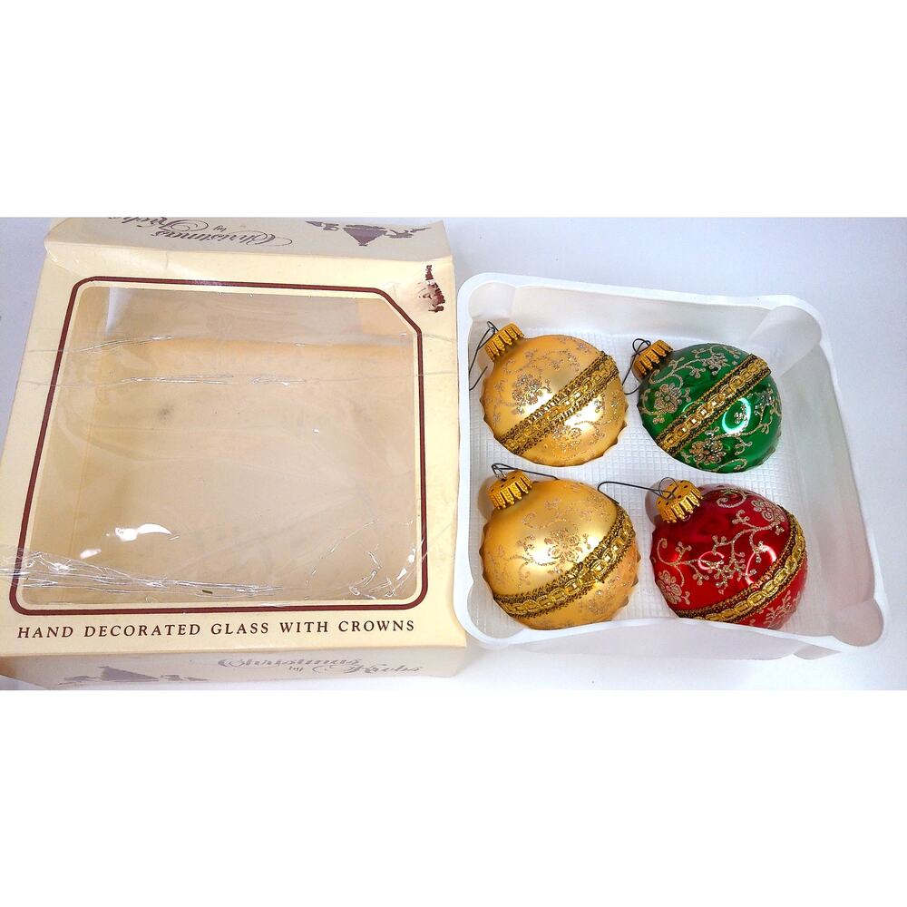 Christmas By Krebs Glass Ornaments Multicolor Floral Glitter Gold Trim Set Of 4